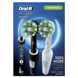 Pack of 2 Oral-B Pro 1000 CrossAction Electric Toothbrush, Powered by Braun, Black and White