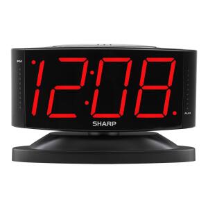 Sharp LED Digital Alarm Clock, Red Display, Swivel Base, Black Case