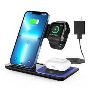 3 in 1 Fast Wireless Charger for iPhone 15, 14, 13/12/11, iWatch, and AirPods.