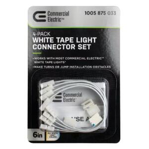 6 in. White Connector Cord LED Strip Light Connector Pack (4 x 6 in. Snap Connectors, 4 Wire Mounting Clips) By Commercial Electric