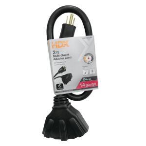 HDX2 ft. 14/3 Medium Duty Indoor/Outdoor Adaptor Cord with Multiple Outlet Triple Tap End, Black (HWHD1432F)