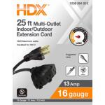 HDX25 ft. 16/3 Light Duty Indoor/Outdoor Extension Cord with Multiple Outlet Triple Tap End, Black (HWHD16325F)