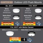 Hampton Bay11 in. Round Black Indoor Outdoor LED Flush Mount Ceiling Light Adjustable CCT 830 Lumens Wet Rated Front or Side Door (54471291)