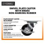 Everbilt 3 in. Black Soft Rubber and Steel Swivel Plate Caster with Locking Brake, 175 lb. Load Rating (49511)