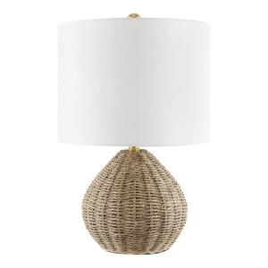 Hampton Bay Glenwood 20 in. Round Rattan Table Lamp with Brown and Brass Gold Finish