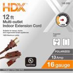 HDX 12 ft. 16/2 Light Duty Indoor Multi-Outlet Extension Cord - (Brown) HW16212HDBR