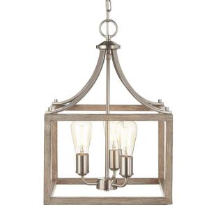 Hampton BayBoswell Quarter 14 in. 3-Light Brushed Nickel Farmhouse Square Chandelier with Painted Weathered Gray Wood Accents (7948HDCDI)