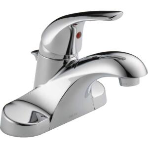 Delta Foundations 4-inch Centerset Single Handle Bathroom Faucet in Polished Chrome.