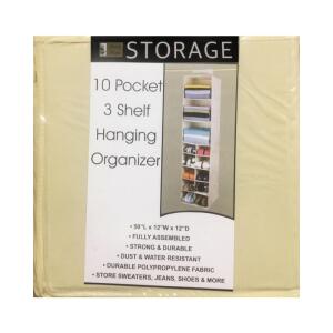 Better Home Storage 10 Pocket 3 Shelf Hanging Organizer Storage Space Saver Tan Size 50"x12"x12"