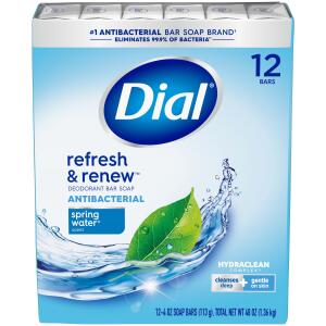 Dial Antibacterial Bar Soap, Refresh & Renew, Spring Water, 4 oz, 12 Bars