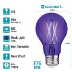 EcoSmart 40-Watt Equivalent A19 Blacklight Ultraviolet Glow in the Dark LED Light Bulb - 1 Pack