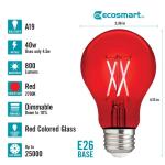 EcoSmart 40-Watt Equivalent A19 Dimmable Filament Red Colored Glass LED Light Bulb - 1 Pack