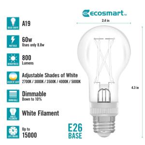 EcoSmart60-Watt Equivalent A19 Dimmable White Filament CEC Clear Glass E26 Medium Base LED Light Bulb Selectable White 1-Pack (A19605CCTCA/WFIL/ECP)