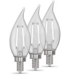 Feit Electric40W Equivalent BA10 E12 Candelabra Dim White Filament Clear Glass Chandelier LED Light Bulb Soft White 2700K 3-Pack (CFC40927CAWFILHDRP/3)