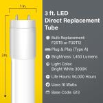 Feit Electric16-Watt 3 ft. T8/12 G13 Type A Plug and Play Linear LED Tube Light Bulb, Bright White 3000K, 1 Bulb (T36/830/LEDG2/RP)