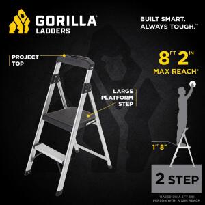 Gorilla Ladders2-Step Aluminum Step Stool Ladder, 250 lbs. Type I Duty Rating (8ft. Reach Height) (GLA-2-2)