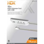 HDX15 ft. 14/3 Light Duty Indoor Braided Extension Cord with 2 USB-A and 3 Outlets, Grey/White (FSEX28)