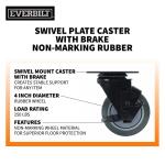 Everbilt 4 in. Swivel Plate Caster with Locking Brake, Gray Rubber-Like TPR, Black Steel, 250 lb. Load Rating (4334324EB)