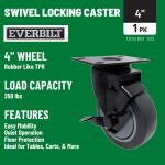 Everbilt 4 in. Swivel Plate Caster with Locking Brake, Gray Rubber-Like TPR, Black Steel, 250 lb. Load Rating (4334324EB)