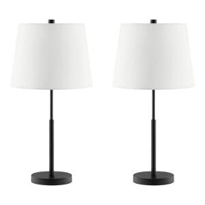 Hampton Bay 24.5 in. Warrington Table Lamp Set in Black with White Fabric Shades (Set of 2)