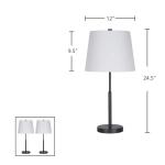 Hampton Bay 24.5 in. Warrington Table Lamp Set in Black with White Fabric Shades (Set of 2)