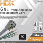 HDX6 ft. 16/3 13 Amp 3-Prong Appliance Replacement Cord, Grey (HD#588-547)