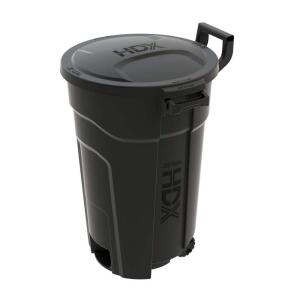 HDX 32 Gal. Black Outdoor Trash Can with Vented Design, Wheels, Domed Lid, Rounded Handles, and Reinforced Foothold (999-2432W)