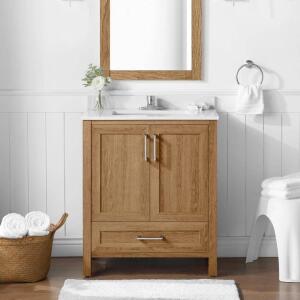 Home Decorators Collection (Assembled)Moorside 30 in. Single Sink Sweet Maple Bath Vanity with White Engineered Stone Top 