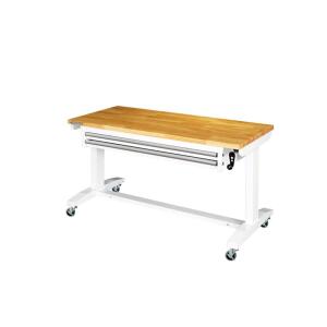 Husky52 in. W x 24 in. D 2-Drawer Adjustable Height White Workbench Table with Solid Wood Top (HOLT5202BJ2)