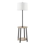 Hampton Bay 61.5 in. Fairford Standard End Table Floor Lamp with Faux Wood and Matte Black Finish, White Fabric Shade