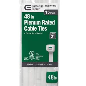 Commercial Electric48in Heavy Duty 175lb Tensile Strength UL 21S Rated Cable Zip Ties 15 Pack Natural (White) - GT-1220HD(15)