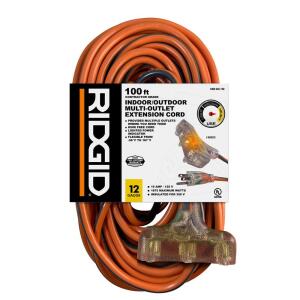 RIDGID 100 ft. 12/3 Heavy Duty Indoor/Outdoor Extension Cord with Tritap Lighted End, Orange/Grey (76100RGD)