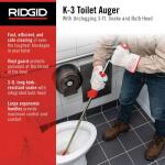 RIDGID K-3 Ultra Flexible Toilet Auger with Unclogging 3 ft. Snake and Integrated Bulb Head, Plumbing Toilet Snake for Drain (59787)