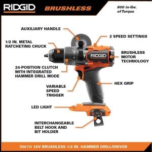 RIDGID 18V Brushless Cordless 2-Tool Combo Kit with Hammer Drill, Impact Driver, (2) Batteries, Charger, and Bag (R9208)