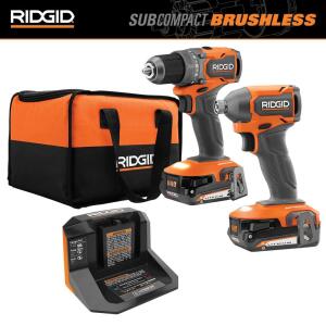 RIDGID 18V SubCompact Brushless 2-Tool Combo Kit with Drill/Driver, Impact Driver, (2) 2.0 Ah Batteries, Charger, and Tool Bag (R97801)