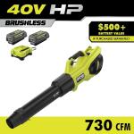 RYOBIRY404100 40-Volt HP Brushless Whisper Series (190 MPH & 730 CFM) Cordless Battery Jet Fan Leaf Blower with (2) 4.0 Ah Batteries & Charger