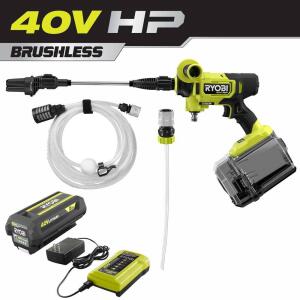 RYOBI 40V HP EZClean Brushless Cordless Cold Water Power Cleaner, 600 PSI, 0.7 GPM with 2.0 Ah Battery and Charger