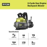 RYOBI175 MPH 760 CFM ( 2-cycle ) 38cc Gas Backpack Leaf Blower