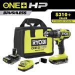 Ryobi ONE+ HP 18V Brushless Cordless 1/2-Inch Drill/Driver Kit featuring (2) 2.0 Ah HIGH PERFORMANCE Batteries, a Charger, and a Bag