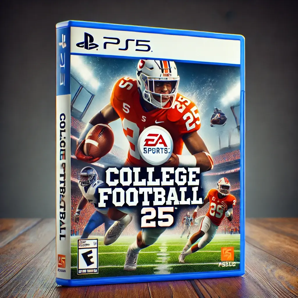 DALL·E 2024-10-29 17.47.02 - A realistic product image of the PS5 game 'College Football 25,' featuring the game's cover with dynamic football action and a bold, exciting college