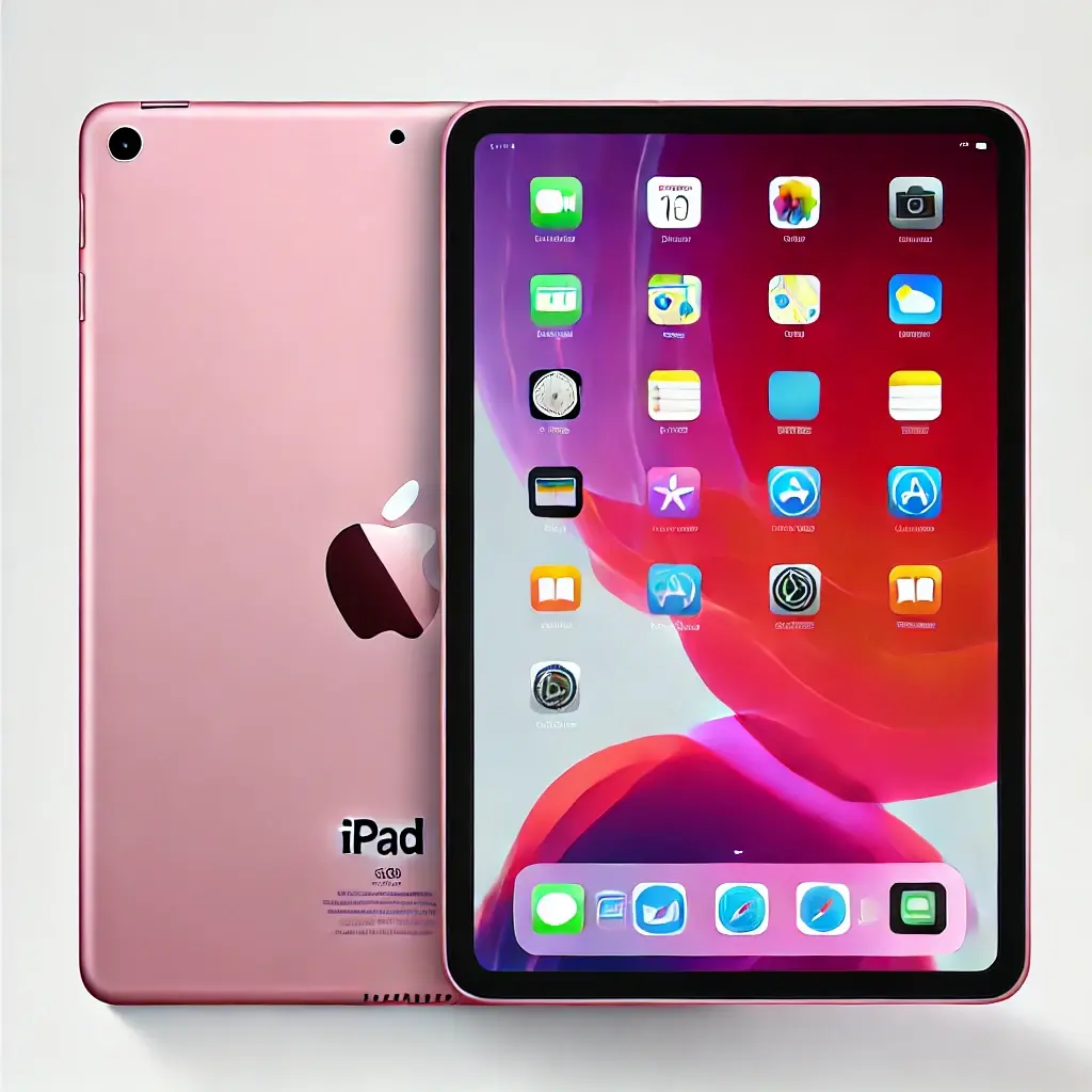 DALL·E 2024-10-29 22.33.40 - A 10th generation Apple iPad in pink color, with 256GB storage and Wi-Fi, displayed on a clean white background. The iPad screen shows the default iOS
