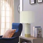 Hampton Bay 25 in.Brayward Tan Concrete With Gold Metal Trim Table Lamp With Off-White Linen Fabric Shade