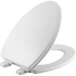 Bemis Jamestown Elongated White Closed Front Toilet Seat Made of Enameled Wood, Featuring Never-Loosen Design, Adjustability, and Soft Close.