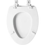 Bemis Mr. Clean Elongated Soft Close Enameled Wood Toilet Seat in White with easy removal for cleaning and antimicrobial protection.