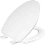 Bemis Mr. Clean Elongated Soft Close Enameled Wood Toilet Seat in White with easy removal for cleaning and antimicrobial protection.