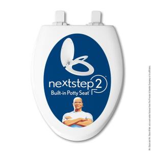 Bemis NextStep2 with Mr. Clean Elongated Potty Training Front Toilet Seat in White, featuring a plastic children's seat and antimicrobial properties.