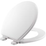 Bemis Jamestown Round White Closed Front Toilet Seat Made of Enameled Wood, Featuring a Never-Loosen Design, Adjustability, and Soft Close. 