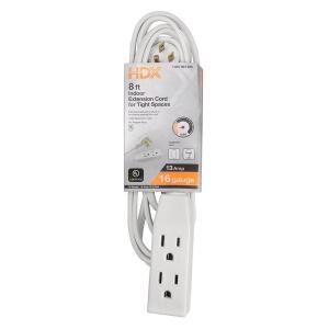 HDX 8 ft. 16/3 Light Duty Indoor Tight Space Multi-Outlet Extension Cord - (White)