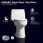 Kohler Santa Rosa 12-Inch Rough-In One-Piece Elongated Chair Height Toilet with Single Flush (1.28 GPF) in White, featuring a Soft Close Seat.