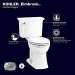 Kohler Elmbrook 12-Inch Rough-In Two-Piece Elongated Chair Height Toilet with Single Flush (1.28 GPF) in White, featuring a Soft Close Seat.